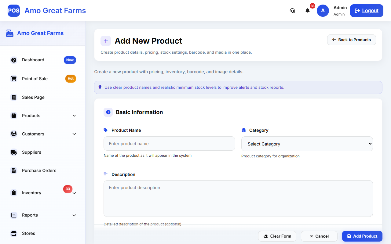 Add Product Form Interface