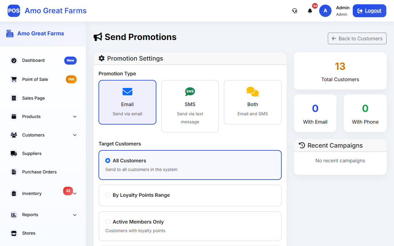 Customer SMS Campaigns Interface